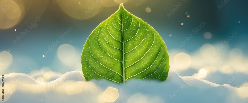 Aufkleber green leaf on soft snowy surface with blurred background bokeh lights representing nature and tranqu