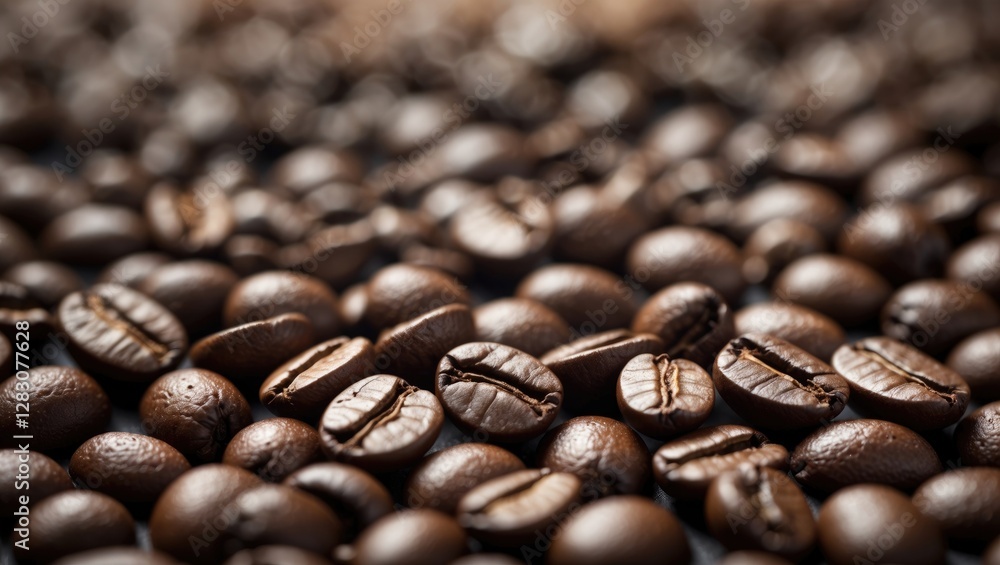 Poster close-up view of roasted coffee beans with a blurred background highlighting the rich textures and c