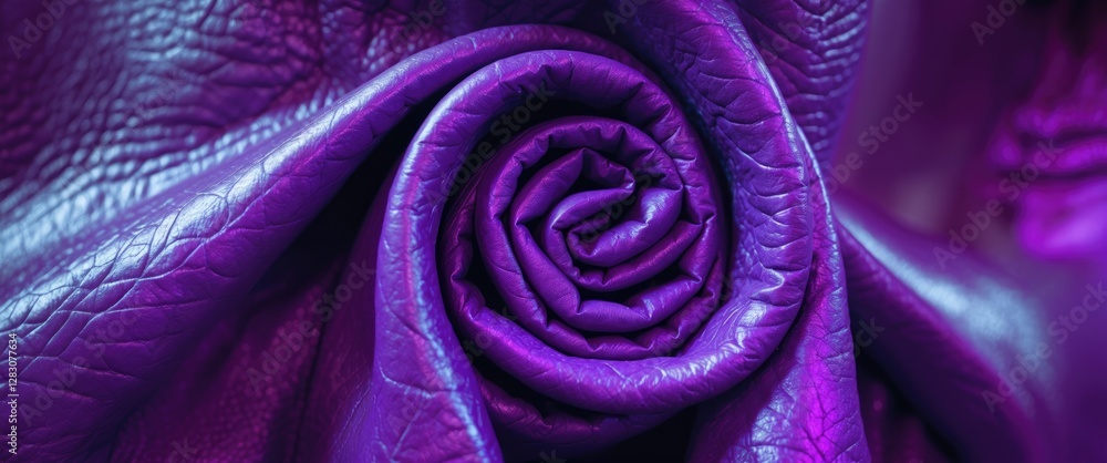 Poster close up of rolled natural violet leather showcasing texture and color variations in a luxurious and