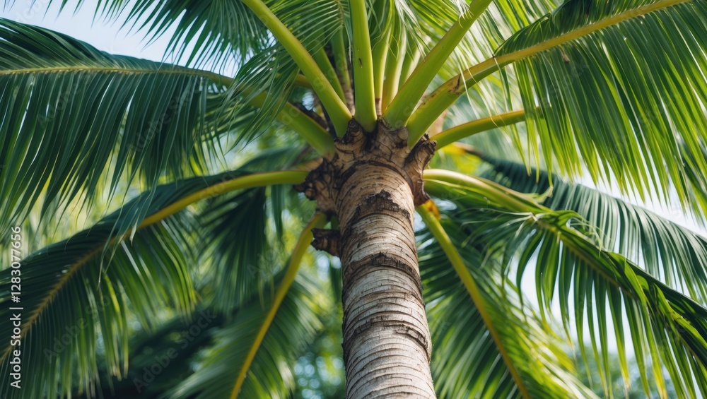 Poster fresh green palm tree branch closeup with vibrant leaves and trunk against clear sky ideal for natur