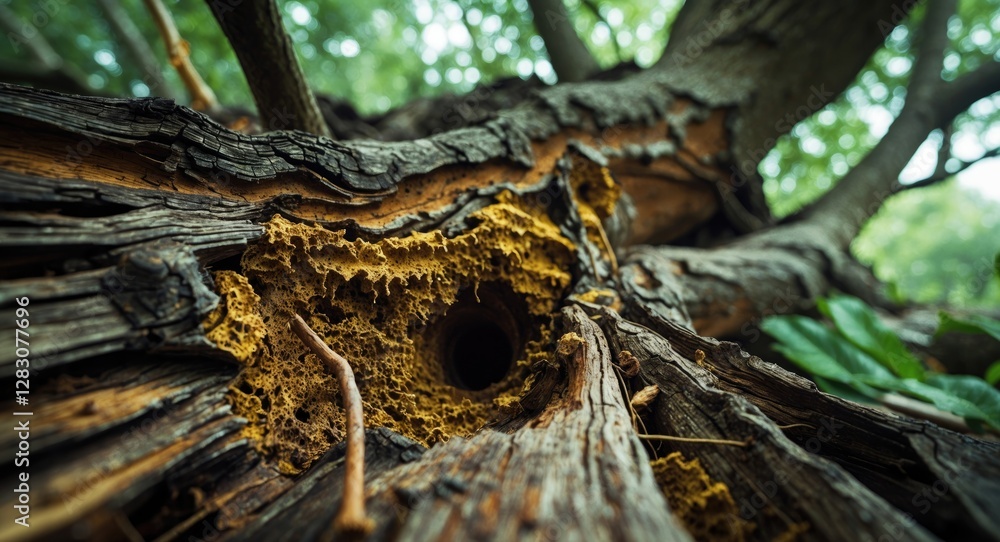 Poster Close up view of termite nests in decaying wood of an old fallen tree showcasing natural textures and organic structures in a forest setting