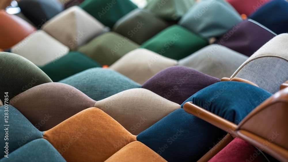 Poster textured arrangement of colorful fabric cushions in various shades and patterns creating a visually 