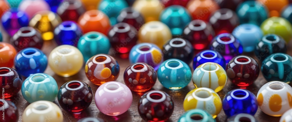 Poster multicolored glass beads displayed in intricate detail showcasing vibrant hues and patterns perfect 