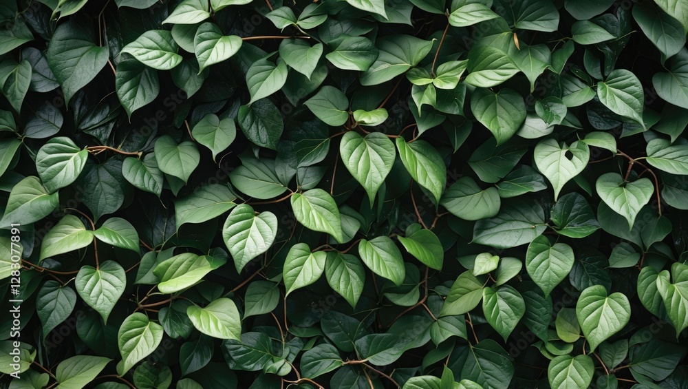 Poster dense green foliage background with various shades of leaves creating a textured natural pattern.