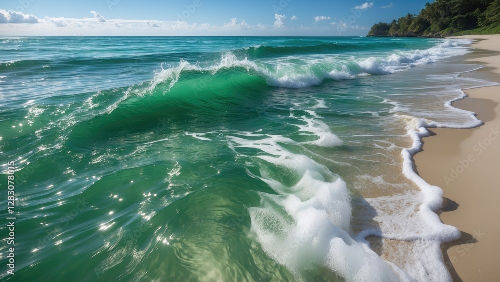 Aufkleber clear turquoise ocean waves gently lapping against a serene sandy beach under a bright blue sky with