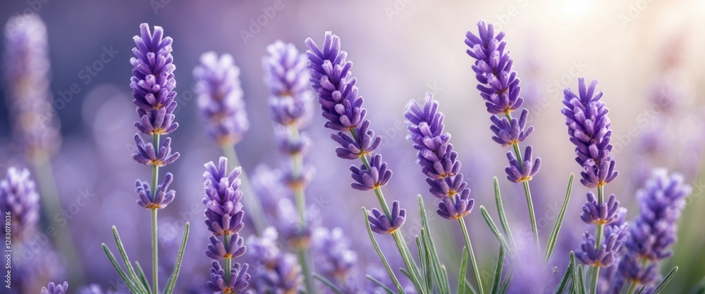 Poster close-up of lavender blossoms softly bathed in light with blurred background and space for text over