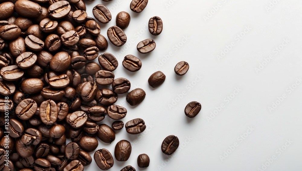 Poster coffee beans scattered on a white background providing ample space for text and design, ideal for co