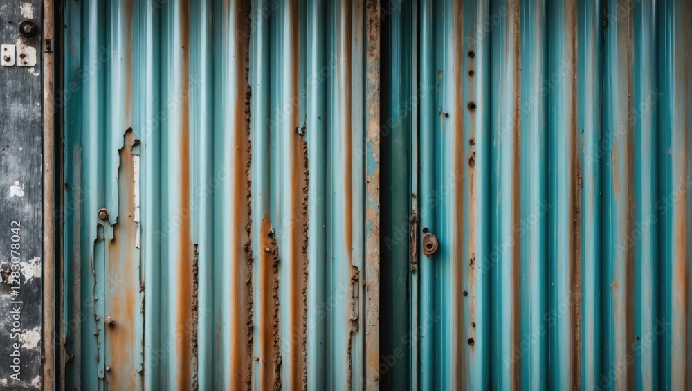 Poster weathered corrugated metal door with distinct rust patterns and peeling paint showcasing industrial 