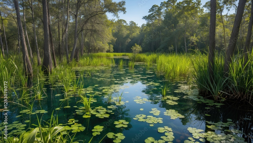 Poster lush green wetlands with trees reflecting in tranquil water surface and lily pads floating in clear 