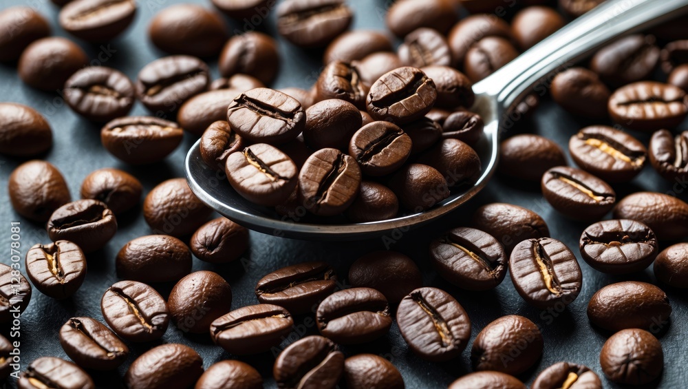 Poster close-up of coffee beans on a spoon surrounded by scattered coffee beans on a dark surface showcasin