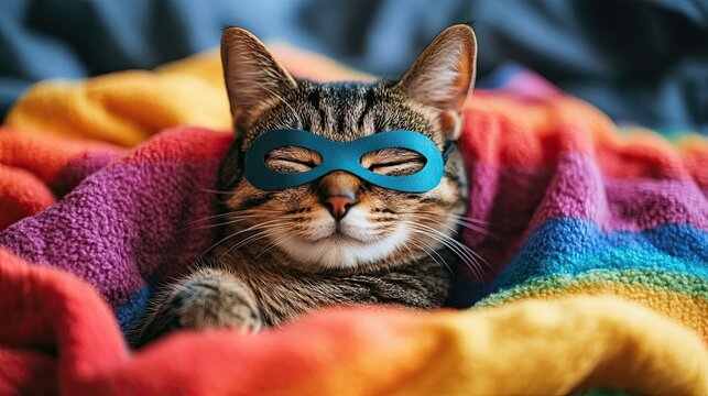 Cat in a superhero mask relaxes on a colorful rainbow blanket, combining humor and charm for pet photography, ideal for playful and whimsical content featuring animals.