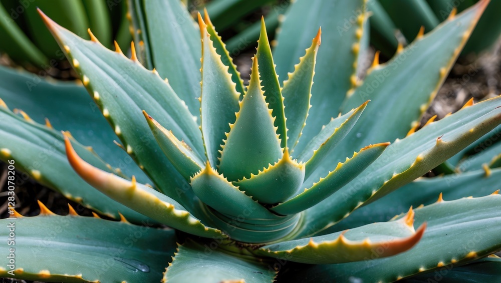 Poster closeup view of lush green aloe vera plant with distinctive sharp edges and symmetrical leaf arrange