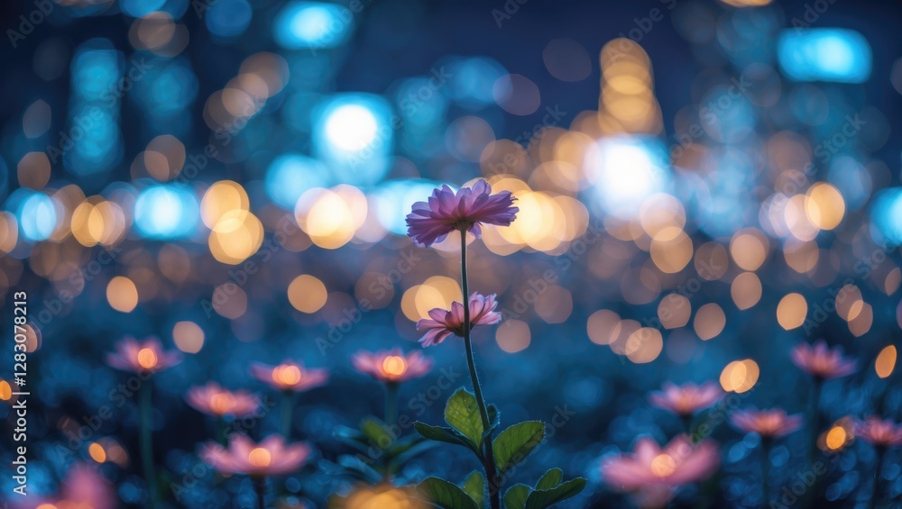 Poster single flower in focus surrounded by softly blurred flowers at night with bokeh lights in the backgr