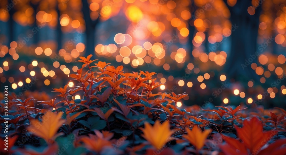 Poster autumn foliage in warm tones with blurred background lights creating a vibrant bokeh effect in a tra