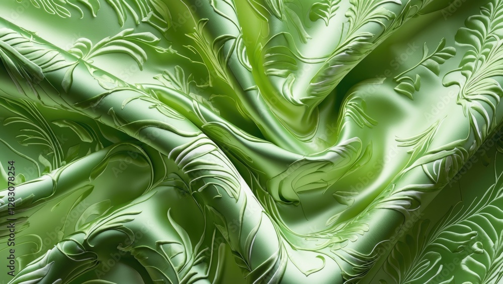 Poster elegant green silk fabric with intricate embossed pattern on a soft white background showcasing luxu
