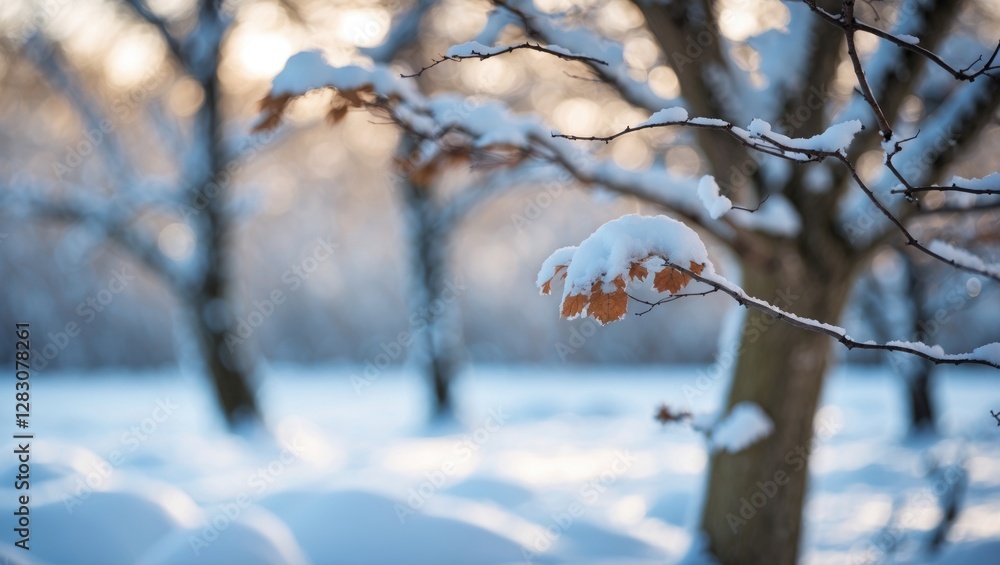Poster winter close-up of a snow-covered tree branch with blurred background of a serene snow landscape in 