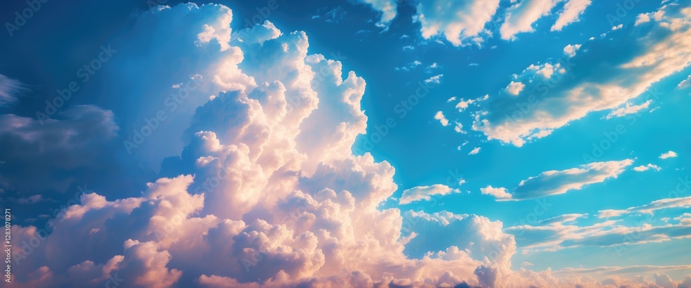 Poster vibrant clouds and bright blue sky with soft textures creating a serene and peaceful atmospheric bac