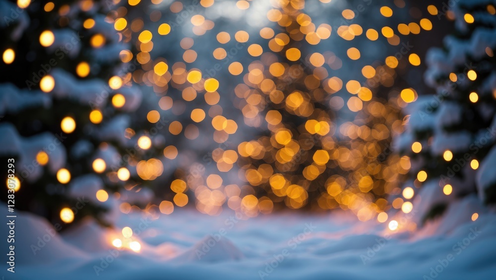Poster snowy landscape with christmas trees illuminated by warm glowing lights creating a bokeh effect in a
