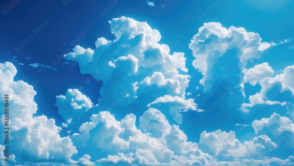 Poster vibrant blue sky adorned with fluffy white clouds creating a serene and peaceful atmosphere ideal fo