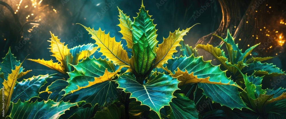 Aufkleber close-up view of vibrant green and yellow foliage in an illuminated forest setting with a mystical a