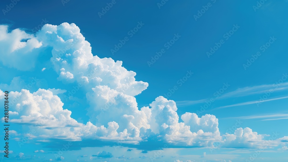 Poster vibrant blue sky adorned with fluffy white clouds creating a serene and tranquil atmosphere ideal fo