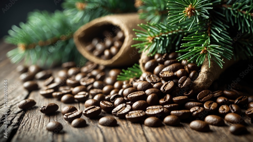Poster Coffee beans with evergreen tree branches creating a cozy festive atmosphere against a rustic wooden background in soft focus.