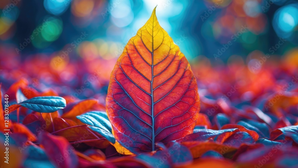 Poster vibrant autumn leaf in focus surrounded by blurred foliage showcasing rich colors and intricate vein