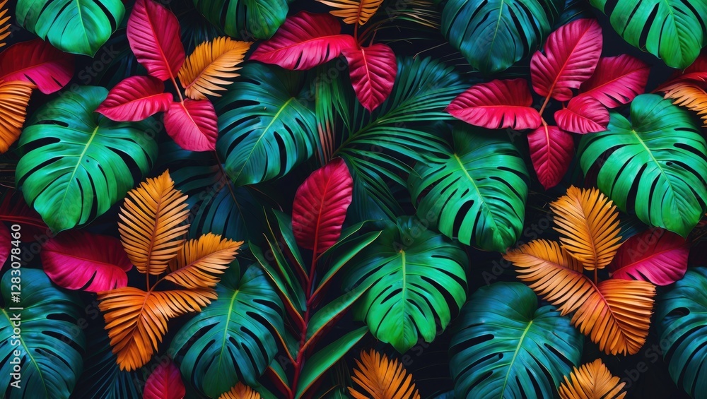 Poster Tropical leaves pattern with vibrant colors creating a lush natural texture background ideal for design and nature themed projects