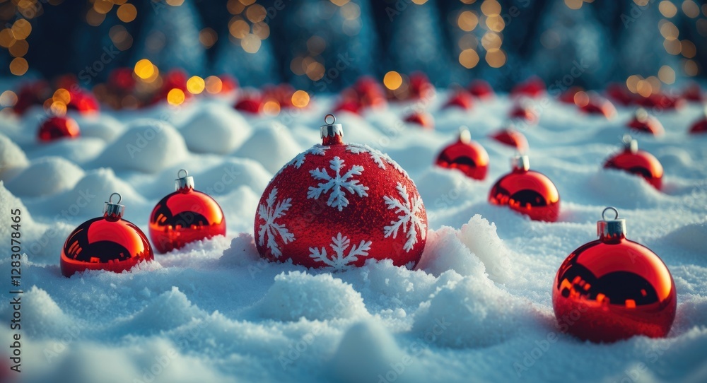 Poster christmas ornaments on snow with snowflakes and soft bokeh lights creating a festive winter holiday 