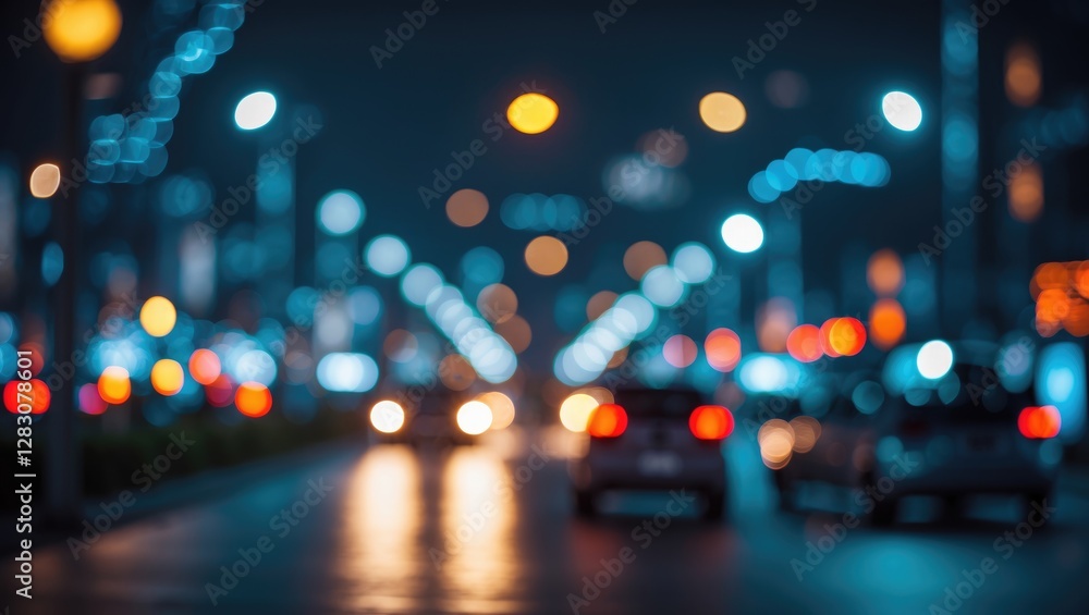 Poster Bokeh effect of city street lights at night with blurred car headlights and abstract dark background creating a dynamic urban atmosphere.