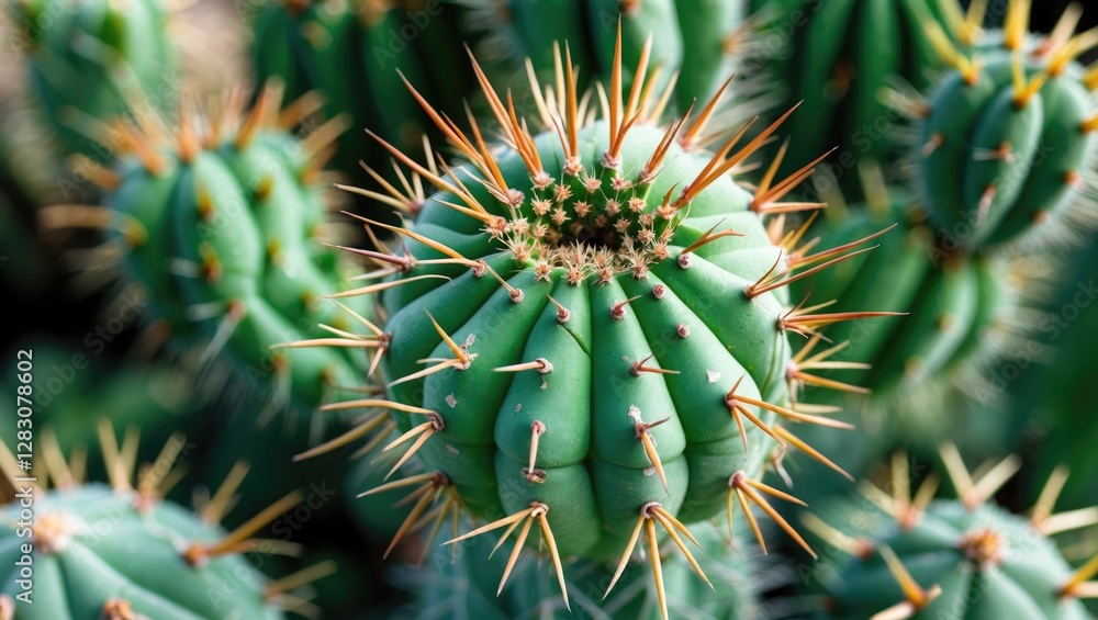 Poster Macro view of vibrant green cactus with sharp spikes showcasing intricate details and textures in a natural botanical environment.