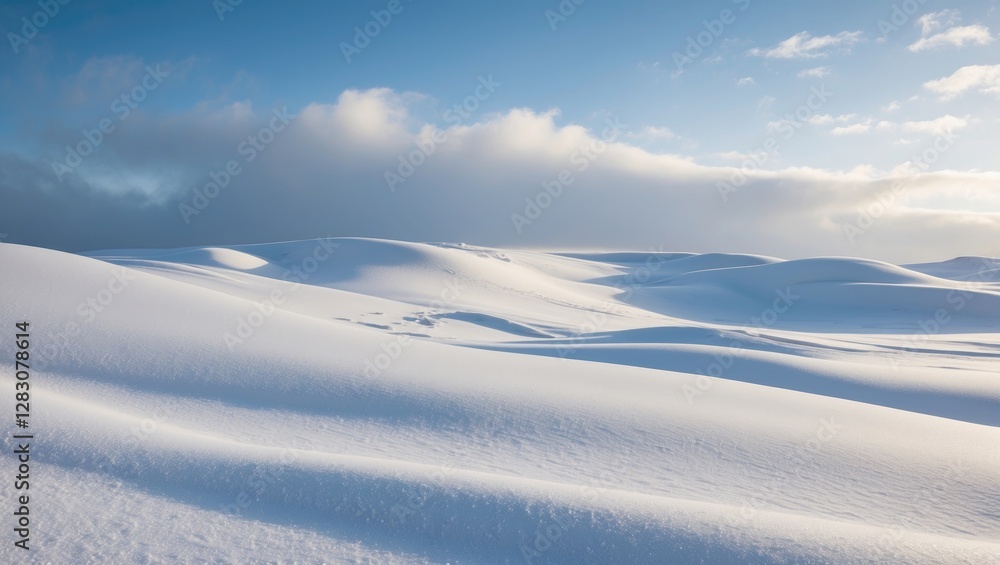 Poster serene winter landscape with undulating snow drifts resembling soft dunes under a clear blue sky and