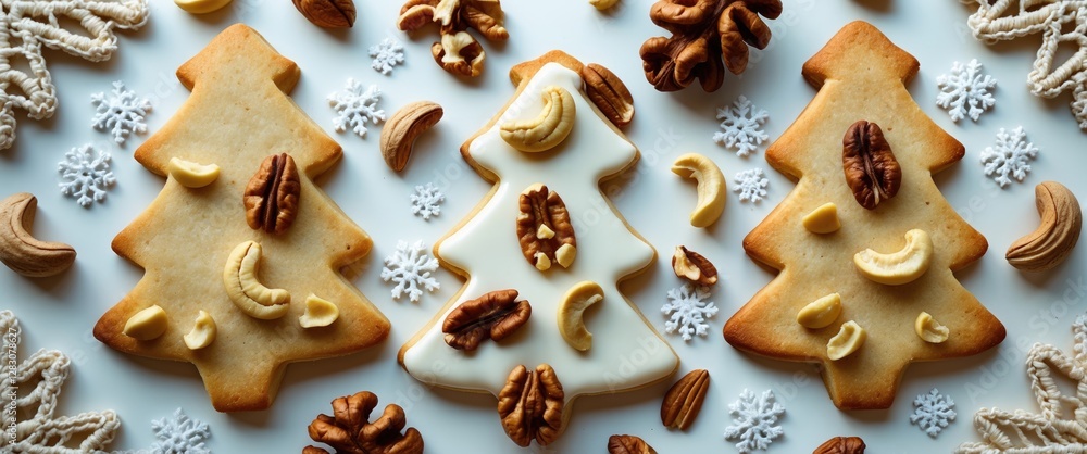 Poster christmas themed cookies in tree shapes decorated with nuts and snowflake patterns on a light backgr