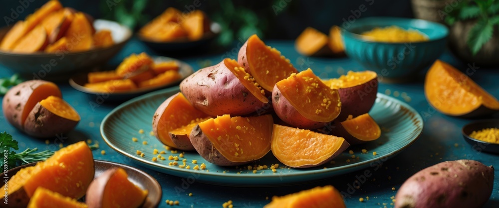 Poster close up of deliciously cooked sweet potatoes arranged on a vibrant plate with scattered pieces on a
