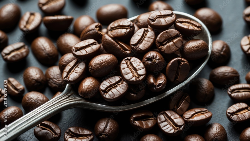 Poster close-up of coffee beans piled in a silver spoon over a dark surface highlighting their rich color a
