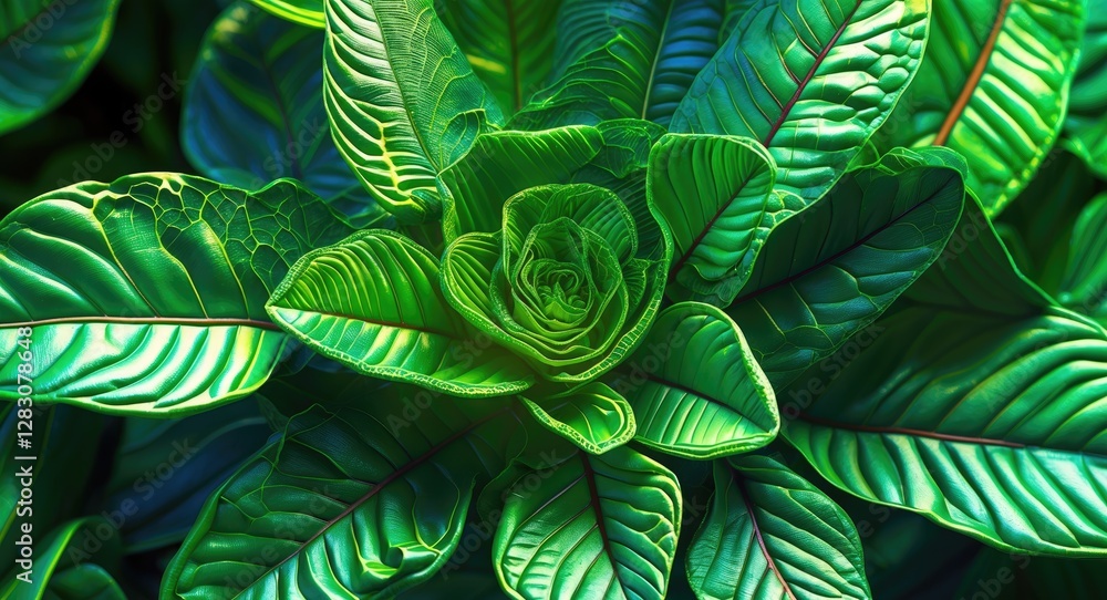 Poster Close-up view of vibrant green leaf patterns showcasing natural texture and intricate details in a lush botanical setting.
