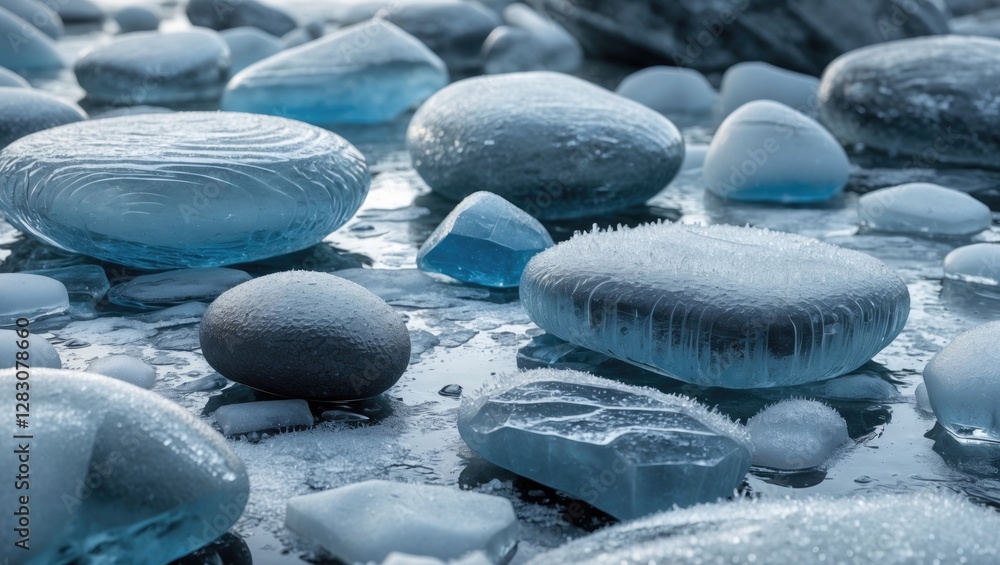 Aufkleber frozen stones encased in ice creating a serene winter landscape with shades of blue and texture cont