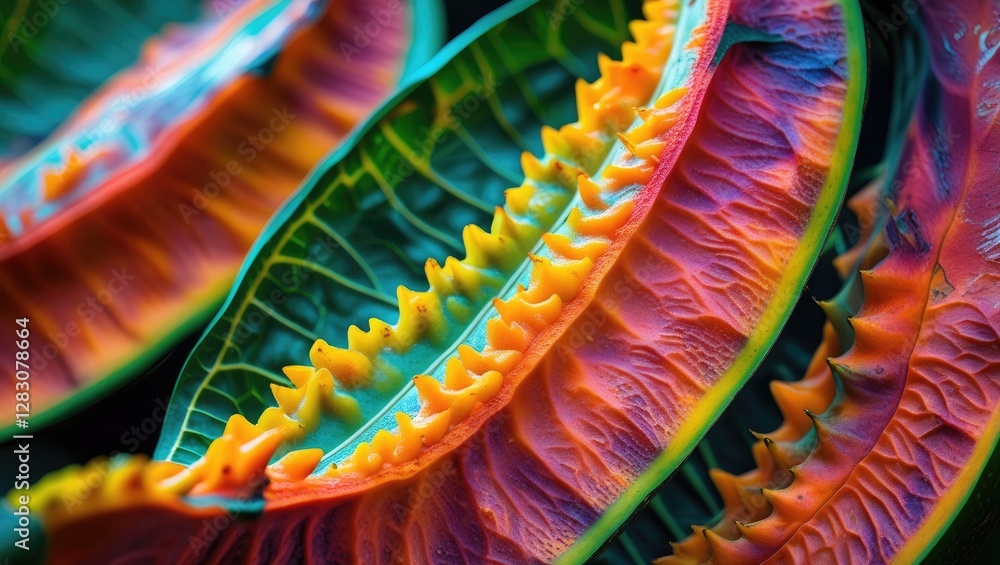 Poster Vibrant close-up of multi-colored papaya leaves showcasing intricate textures and patterns against a soft-focus background.