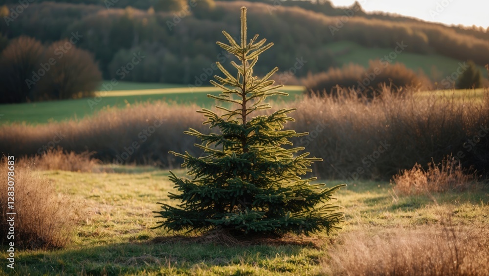 Poster isolated evergreen tree in a field with soft background and soft sunlight illuminating the foliage d