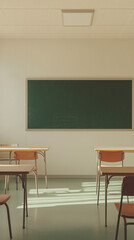 Classroom Serenity: A tranquil classroom scene, bathed in soft natural light, features neat rows of desks, a chalkboard, and empty chairs. evoking a sense of calm and anticipation for learning.