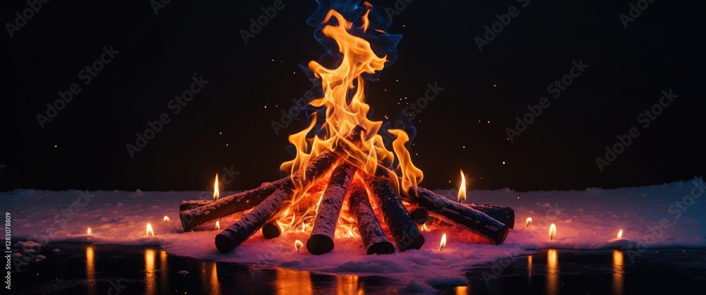 Poster vivid campfire flames surrounded by snow and candles creating a warm atmosphere on a dark background