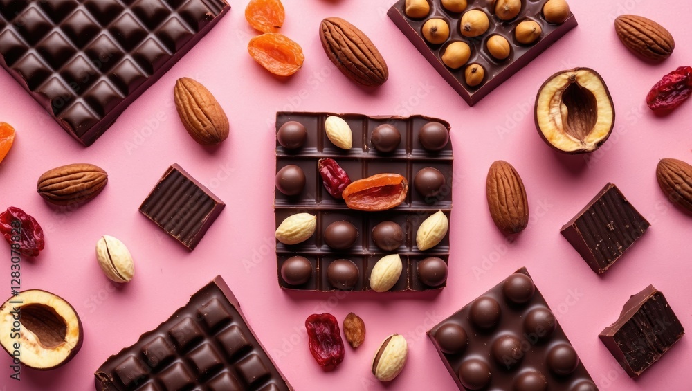 Poster chocolate candy assortment with nuts and dried fruits arranged on a pink background in a flat lay co
