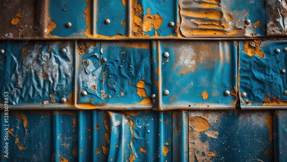 Poster detailed close-up of weathered blue metal sheet with rust and texture variations for industrial or v
