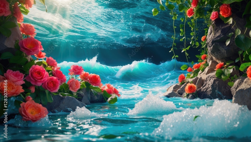 Poster serene ocean background with turquoise waves and vibrant roses framing a tranquil seascape ideal for