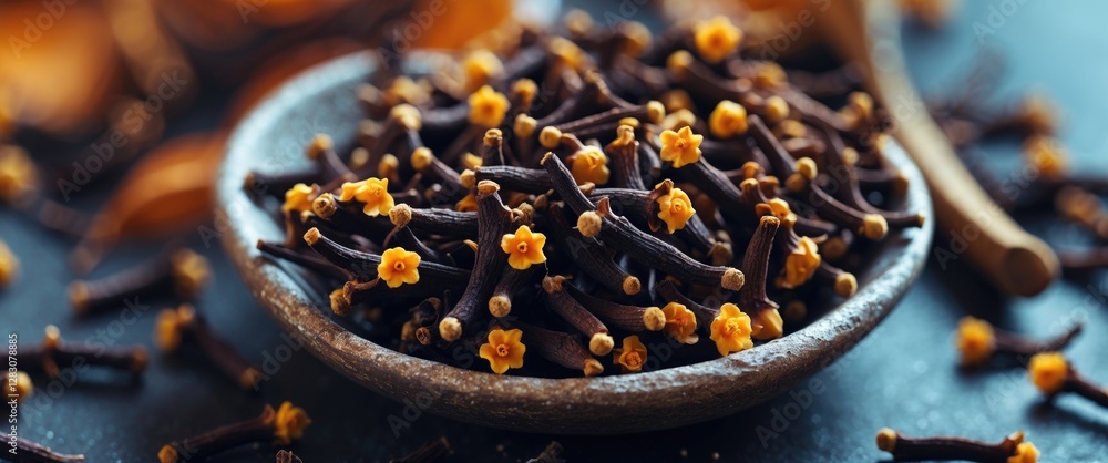 Poster Close-up of fresh cloves in a rustic bowl highlighting their rich color and texture ideal for culinary and aromatic uses.