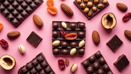 Chocolate candy assortment with nuts and dried fruits arranged on a pink background in a flat lay composition. Perfect for dessert and confectionery visuals.