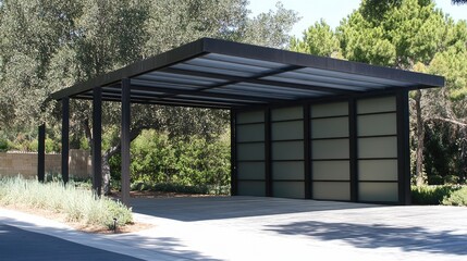 Fototapeta premium Carport with frosted acrylic roofing, reducing glare while keeping the area cool