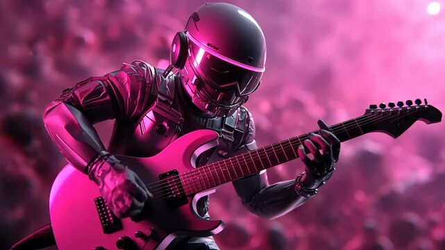 Futuristic musician performing with electric guitar under vibrant lights at a concert