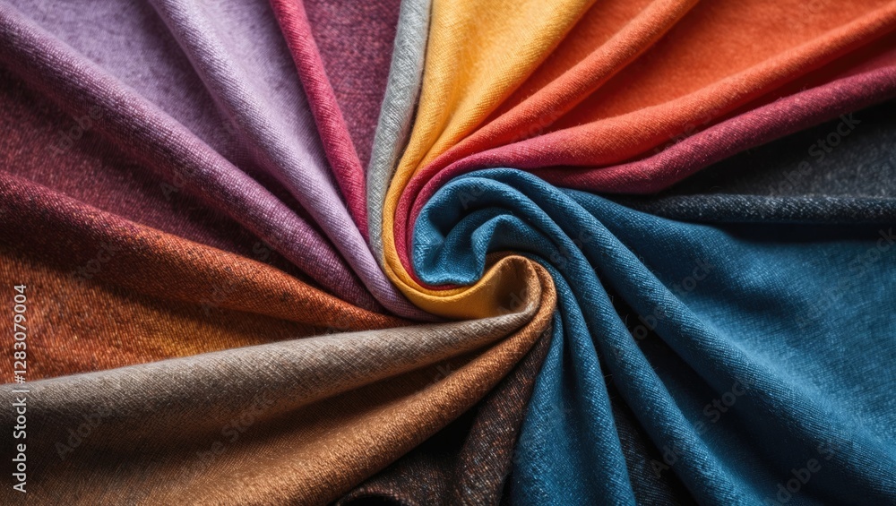 Poster Vibrant swirl of textured fabric showcasing diverse colors and patterns for textile design and fashion inspiration.