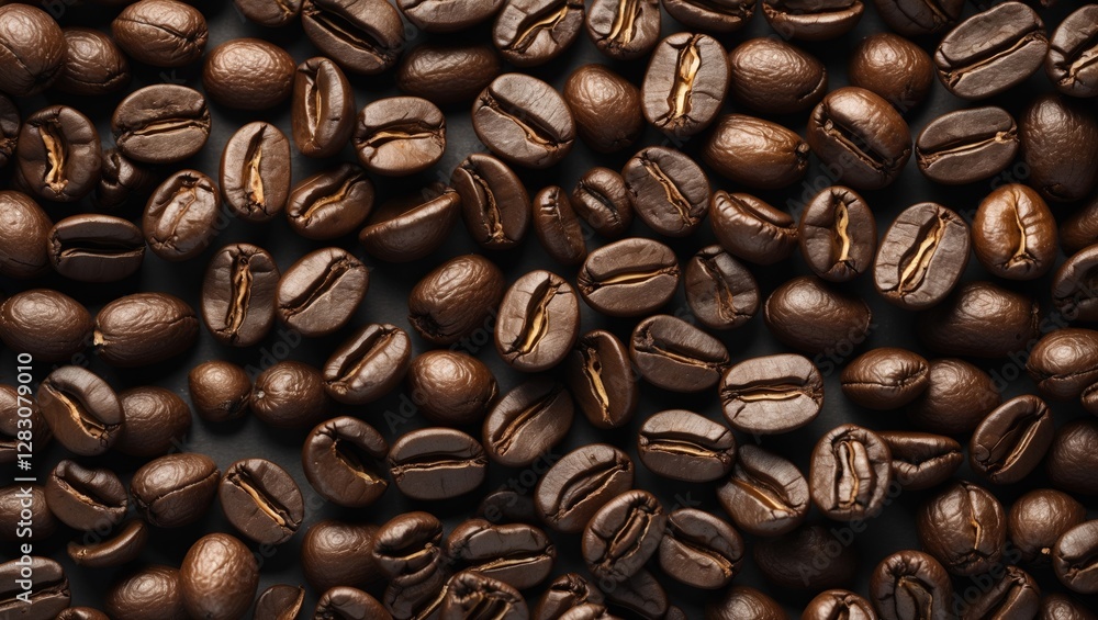 Poster richly roasted coffee beans scattered on a dark surface showcasing their natural texture and deep co